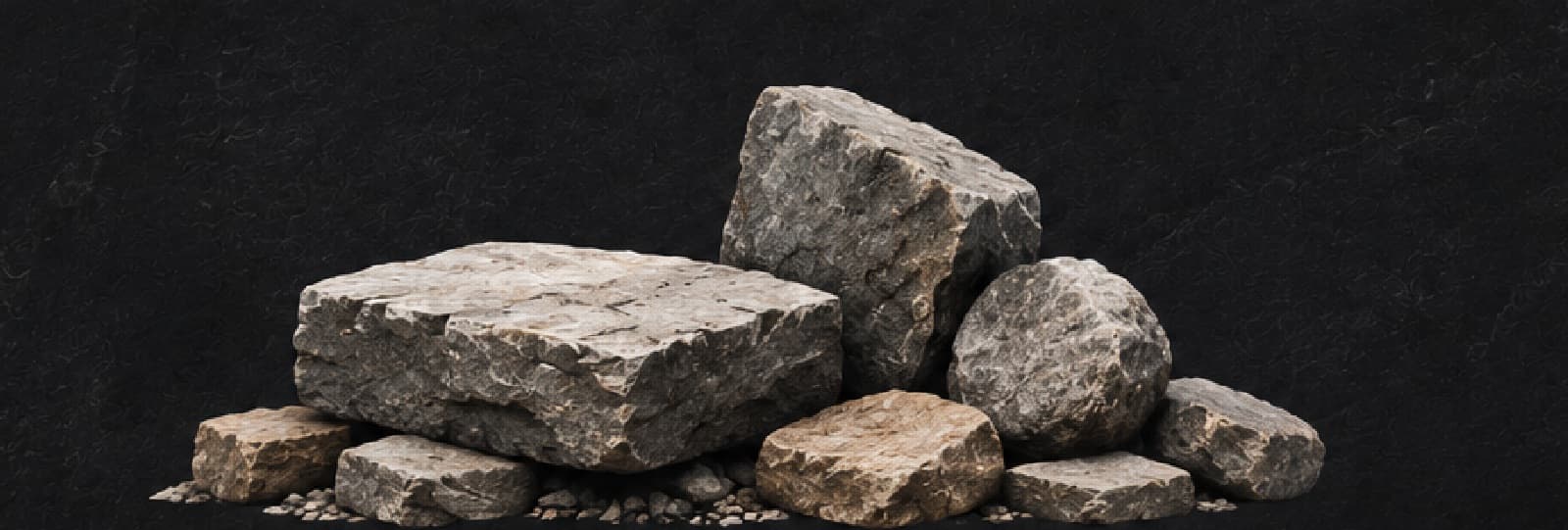 A pile of quarried building stone: squared blocks with cleft faces, a rounded boulder, and loose spall at the base.