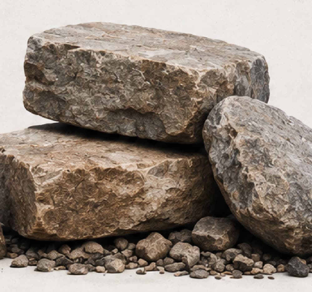 Two squared blocks of quarried stone stacked beside a rounded boulder, with loose gravel at the base, photographed dry on a bone seamless.